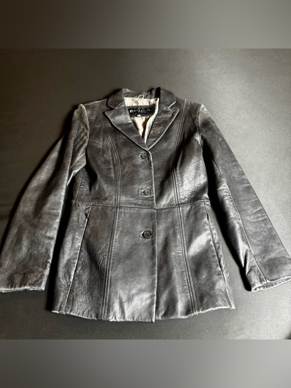 Kenneth Cole Reaction Black Leather Blazer Jacket XS Dark Academia Minimalist